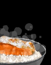 black_background bowl fish_(food) food_focus fried_fish hisachan55cute no_humans original out_of_frame pixel_art rice_bowl salmon_(fish) scenery simple_background steaming_food