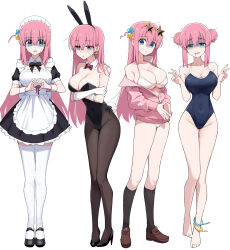 1girl alternate_costume alternate_hairstyle animal_ears anklet apron bare_legs bare_shoulders barefoot bent_v bikini bikini_under_clothes black_footwear black_leotard blue_eyes blush bocchi_the_rock! bow bowtie breasts cable_tie channel_(caststation) cube_hair_ornament detached_collar double_bun double_v dress earrings eyewear_on_head fake_animal_ears fake_tail frilled_apron frills full_body gloves gotoh_hitori groin hair_between_eyes hair_bun hair_ornament heart heart_hands high_heels highres jacket jewelry large_breasts leotard loafers long_hair looking_at_viewer maid maid_apron maid_headdress multiple_views narrow_waist one-piece_swimsuit open_clothes open_jacket pantyhose pink_hair pink_jacket playboy_bunny rabbit_ears rabbit_tail revision school_swimsuit shaded_face shoes short_dress side-tie_leotard sidelocks simple_background standing star-shaped_eyewear star_(symbol) strapless strapless_leotard sunglasses swimsuit swimsuit_under_clothes tail thigh_gap thighhighs turn_pale v very_long_hair white_background white_bikini white_thighhighs