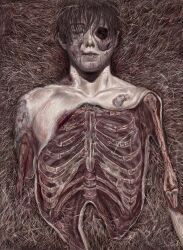 1boy bone corpse decay eye_socket facial_hair highres longwandb male_focus missing_eye missing_limb original ribs rotting