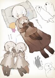 4girls absurdres animal animal_ears bow breasts brown_dress commentary_request covering_own_mouth creature_and_personification dress dress_bow gradient_clothes gradient_dress grey_dress hand_on_own_face highres lying medium_breasts multicolored_hair multiple_girls on_back original otter otter_ears otter_girl otter_tail personification sakutake_(ue3sayu) scallop seashell shell short_hair sleeping sleeping_on_person starfish tail translation_request two-tone_dress two-tone_hair white_hair