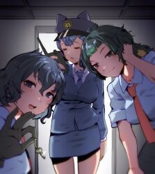 Rule 34 | 3girls, black hair, blue eyes, blue shirt, blush, breasts, female service cap, gloves, hat, highres, hikari (kemono friends), holding, holding walkie-talkie, jacket, japari symbol, kaban (kemono friends), kemono friends, kemono friends 2, kemono friends 3, key, kyururu (kemono friends), large breasts, looking at viewer, multiple girls, necktie, open mouth, pencil skirt, police, police badge, police hat, police uniform, policewoman, pov, riri (dgra3272), shirt, short hair, skirt, smile, walkie-talkie