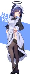 Rule 34 | 1girl, absurdres, alternate costume, alternate hairstyle, apron, bespectacled, black dress, black halo, black thighhighs, blue archive, blue eyes, character name, clothes lift, dress, dress lift, enmaided, frilled apron, frills, glasses, halo, highres, lace, lace-trimmed thighhighs, lace trim, lifting own clothes, long sleeves, maid, maid apron, maid headdress, mechanical halo, no panties, painterliuhao, parted bangs, ponytail, purple hair, red pupils, solo, thighhighs, waist apron, white apron, yuuka (blue archive)