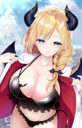 1girl beach bikini black_bikini blonde_hair blue_eyes breast_tattoo breasts cleavage coat collarbone cowboy_shot demon_girl demon_horns highres hololive horns lab_coat large_breasts long_hair navel ocean sand solo swimsuit tattoo virtual_youtuber white_coat winged_heart_tattoo yappy_(yapis_company) yuzuki_choco