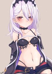 1girl bare_shoulders black_choker black_panties blush breasts choker cleavage collarbone fuyu_1214 hair_between_eyes hair_ornament highleg highleg_panties highres long_hair long_sleeves looking_at_viewer navel ongeki open_clothes panties short_shorts shorts small_breasts solo sumeragi_setsuna underwear