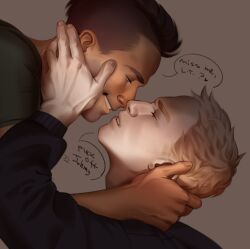 Rule 34 | 2boys, adam&#039;s apple, black shirt, blonde hair, brown background, brown hair, call of duty, call of duty: modern warfare 2, commentary, couple, english commentary, english text, eye contact, ghost (modern warfare 2), grin, hand on another&#039;s face, hand on another&#039;s neck, head back, heart, long sleeves, looking at another, male focus, mohawk, multiple boys, noses touching, shirt, short hair, short sleeves, simple background, smile, soap (modern warfare 2), sondu art, speech bubble, teeth, upper body, yaoi