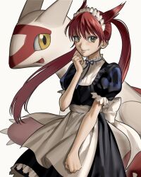 apron blue_ribbon claws closed_mouth commentary gen_3_pokemon hanneli_(hanny) hanny_(uirusu_chan) highres latias latias_(human)_(pokemon_adventures) legendary_pokemon long_hair looking_at_viewer maid maid_apron maid_headdress nintendo open_mouth original pokemon pokemon_(creature) red_hair ribbon simple_background smile standing twintails white_apron white_background white_headdress yellow_eyes