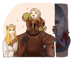 =_= armor blonde_hair blue_skin colored_skin covering_own_mouth cropped_torso crucible_knight donar0217 dress elden_ring full_armor green_dress hand_over_own_mouth jealous jewelry lady_tanith_(elden_ring) mask open_mouth parody ring rya_(elden_ring) rykard_lord_of_blasphemy sitting_on_shoulder tears veil