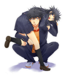 Rule 34 | 1boy, 1girl, a certain high school uniform, baitoro, black hair, black socks, blazer, blue eyes, blue pants, blue skirt, brown shirt, carrying, carrying person, commentary request, dual persona, fireman&#039;s carry, genderswap, genderswap (mtf), jacket, kamijou touka (toaru majutsu no index), kamijou touma, kneehighs, long hair, looking at another, open clothes, open jacket, pants, school uniform, shirt, short hair, simple background, skirt, socks, spiked hair, squatting, toaru majutsu no index, white background, winter uniform