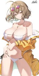 Rule 34 | 1girl, absurdres, ahoge, anis (nikke), anis (sparkling summer) (nikke), artist name, bikini, breasts, brown hair, commentary request, eyepatch bikini, goddess of victory: nikke, highres, jacket, jewelry, large breasts, navel, necklace, official alternate costume, saico isshin, short hair, side-tie bikini bottom, simple background, smile, solo, star (symbol), star necklace, stomach, swimsuit, thighs, white background, white bikini, yellow eyes, yellow jacket