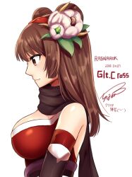 Rule 34 | 1girl, black scarf, blush, breasts, brown eyes, brown hair, character name, closed mouth, commentary request, dated, double bun, elbow gloves, expressionless, flower, gloves, guillotine cross (ragnarok online), hair bun, hair flower, hair ornament, hairband, large breasts, leotard, long hair, mio1030, official alternate costume, profile, ragnarok online, red gloves, red hairband, red leotard, scarf, simple background, solo, upper body, white background, white flower