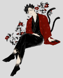 1boy absurdres animal_ears black_hair blue_lips bodypaint cat_ears cat_tail colored_extremities eyeliner fake_whiskers feet fingernails full_body grey_background haikyuu!! highres japanese_clothes kami88118818 kuroo_tetsurou looking_at_viewer makeup male_focus sharp_fingernails sharp_toenails short_hair simple_background solo tail teeth toenails yellow_eyes