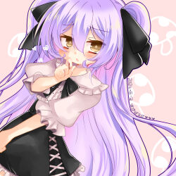 1girl 2024 :o artist_name ayapis05 black_bow black_dress bow brown_eyes dress food-themed_hair_ornament girlfriend_(kari) hair_ornament hand_by_own_face himejima_kinoko long_hair mushroom pink_background purple_hair very_long_hair