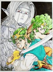 1girl 2boys aqua_dress aqua_tunic bare_shoulders black_background circlet clenched_teeth curly_hair dragon_quest dragon_quest_iv dress earrings furrowed_brow gem green_hair grey_gemstone hero_(dq4) heroine_(dq4) highres holding holding_sword holding_weapon jewelry long_bangs long_hair maid_headdress medium_hair multiple_boys orange_pantyhose pantyhose parted_bangs pisaro pointy_ears shirt sword tcgf_04 teeth toriyama_akira_(style) traditional_media tunic weapon white_shirt winged_hair_ornament