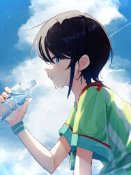 1girl absurdres black_hair blue_eyes blue_sky bottle check_commentary cloud commentary_request from_side highres holding holding_bottle hololive hot looking_at_viewer looking_to_the_side loose_clothes loose_shirt mocchan_(mo_chan0225) no_headwear oozora_subaru oozora_subaru_(1st_costume) plastic_bottle profile shirt short_hair short_sleeves sideways_glance sky solo stopwatch stopwatch_around_neck striped_clothes striped_shirt summer sweat t-shirt two-tone_shirt upper_body vertical-striped_clothes vertical-striped_shirt virtual_youtuber watch water_bottle white_shirt wristband yellow_shirt