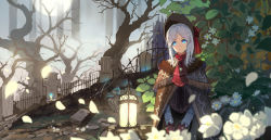 1girl ascot baisi_shaonian bare_tree bloodborne blue_eyes cape cloak female_focus fence flower fringe_trim gloves grave graveyard hat hat_flower ironwork lantern light_smile long_sleeves looking_at_viewer outdoors parted_bangs petals plain_doll plant red_gloves silver_hair solo tombstone tree white_flower