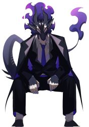 1boy animal_ears artist_name black_coat black_horns black_pants black_scales black_suit blue_necktie coat collared_shirt cropped_legs dragon_boy facial_mark formal_clothes furry furry_male hands_on_own_thighs highres horns invisible_chair long_sleeves male_focus mane mudosa necktie original pants purple_fur shirt simple_background sitting solo spines straight-on suit tail white_background white_eyes white_scales