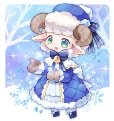 1girl :3 :d animal_ears bell blue_boots blue_bow blue_bowtie blue_dress blue_hat blush boots bow bowtie brown_horns brown_mittens commentary_request commission dress full_body fur-trimmed_boots fur-trimmed_dress fur-trimmed_sleeves fur_trim green_eyes hat horizontal_pupils horns long_sleeves mittens neck_bell okamori_kuo open_mouth original sheep_ears sheep_girl sheep_horns skeb_commission smile solo standing striped_bow striped_bowtie striped_clothes vrchat winter