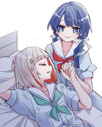 2girls aqua_neckerchief blue_dress blue_eyes blue_hair blue_ribbon bob_cut closed_mouth collarbone colored_inner_hair commentary_request dollchestra dress grey_hair hair_ornament hair_ribbon hand_on_another&#039;s_hand hand_on_another&#039;s_head hasu_no_sora_school_uniform highres inverted_bob kanduki_kamibukuro link!_like!_love_live! long_hair looking_at_another love_live! low_twintails lying multicolored_hair multiple_girls murano_sayaka neckerchief on_back on_bed open_mouth parted_lips puffy_short_sleeves puffy_sleeves raised_inner_eyebrows red_hair red_neckerchief ribbon sailor_collar sailor_dress school_uniform short_hair short_sleeves simple_background sleeping smile star_(symbol) star_hair_ornament streaked_hair summer_uniform twintails virtual_youtuber white_background white_sailor_collar yugiri_tsuzuri