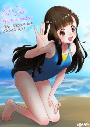 1girl barefoot beach blue_one-piece_swimsuit blue_sky breasts brown_eyes brown_hair casual_one-piece_swimsuit character_name cloud copyright_name day highres horizon kasuga_rurito kneeling make_heroine_ga_oo_sugiru! nukumizu_kaju ocean one-piece_swimsuit outdoors sky small_breasts solo swimsuit waving