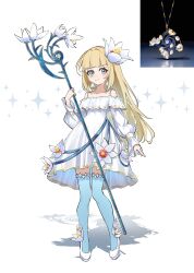 1girl absurdres aichry blonde_hair blue_eyes dress flower full_body highres hime_cut holding holding_staff lily_(flower) long_hair looking_at_viewer original pantyhose smile solo spaghetti_strap staff straight_hair strapless very_long_hair white_dress