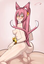 Rule 34 | 1boy, 1girl, absurdres, aldharoku, animal ears, anus, arc system works, artist name, ass, blazblue, blush, breasts, cat ears, cat girl, cat tail, completely nude, cowgirl position, eyebrows, eyelashes, feet out of frame, from behind, from side, grin, hand on own thigh, hetero, highres, huge ass, kokonoe (blazblue), large penis, lips, long hair, looking at penis, looking back, looking down, medium breasts, multiple tails, naughty face, nekomata, nipples, no eyewear, nose blush, nude, penis, pink background, pink hair, pussy, sex, simple background, sitting, sitting on person, slit pupils, smile, smug, solo focus, straddling, tail, teeth, testicles, uncensored, yellow eyes