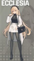 absurdres bag black_hat black_shirt black_shoes blonde_hair bright_pupils casual character_name counter:side crossed_bangs ecclesia_(counter:side) hair_between_eyes handbag hat highres jacket long_hair long_sleeves merchandise_available mors_(counter:side) non-web_source official_alternate_costume official_art pantyhose red_eyes ringed_eyes scan scan_artifacts self-scan shirt shoes side_ponytail white_jacket white_pupils white_shirt