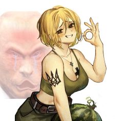 1girl arm_tattoo blonde_hair breast_tattoo breasts brown_eyes coat_of_arms cross cross_necklace cross_tattoo crying fang food fruit green_pants green_tank_top jewelry large_breasts leather_belt looking_at_viewer marichka military military_uniform nazi necklace ok_sign original pants putin smile sports_bra tank_top tattoo usergore watermelon