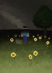 1boy blank_eyes blue_pants blue_shirt flower grass herobrine highres looking_at_viewer male_focus minecraft night pants shirt solo standing teachiisan tree yellow_flower
