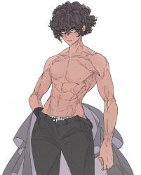 1boy abs black_hair black_pants cowboy_shot curly_hair elliemaplefox grey_jacket hair_between_eyes highres jacket looking_at_viewer male_focus nipples original panties pants panty_peek parted_lips ribs short_hair simple_background solo toned toned_male topless_male underwear white_background white_eyes