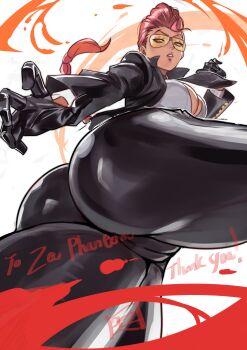 Rule 34 | 1girl, absurdres, ass, ass focus, black gloves, black jacket, black pants, braid, braided ponytail, breasts, buttoned cuffs, buttons, cameltoe, capcom, cleavage, commission, commissioner upload, crimson viper, fire, formal clothes, glasses, gloves, green eyes, high collar, highres, huge ass, jacket, juaag acgy, kicking, large breasts, long hair, long sleeves, looking at viewer, looking down, mature female, necktie, pants, pompadour, ponytail, red hair, shiny clothes, skeb commission, skin tight, street fighter, street fighter iv (series), suit, suit jacket, tight clothes, tight pants, tinted eyewear, white background
