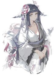 Rule 34 | 1girl, absurdres, arknights, black hair, black kimono, black sash, blunt bangs, breasts, chest sarashi, cleavage, collarbone, flower, from side, grey eyes, hair flower, hair intakes, hair ornament, hair wings, highres, japanese clothes, jitome, katana, kimono, layered sleeves, long hair, long sidelocks, long sleeves, looking at viewer, medium breasts, mio (arknights), nbrush19, obi, obiage, obijime, own hands together, pink flower, red trim, sarashi, sash, sidelocks, simple background, solo, sword, tassel, two-tone kimono, upper body, very long hair, very long sidelocks, weapon, white background, white kimono, wide sleeves