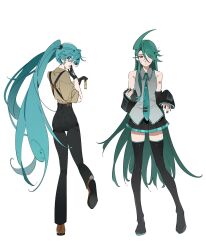 2girls :o ahoge arm_tattoo bare_shoulders black_boots black_gloves black_pants black_skirt boots brown_shoes collared_shirt commentary_request cosplay costume_switch crossover detached_sleeves earrings geetasdog gloves green_hair green_nails green_necktie grey_shirt hatsune_miku hatsune_miku_(cosplay) highres jewelry long_hair multiple_girls nail_polish necktie nintendo open_mouth pants pleated_skirt pokemon pokemon_sv rika_(pokemon) rika_(pokemon)_(cosplay) shirt shoes skirt sleeveless sleeveless_shirt sleeves_rolled_up standing tattoo thigh_boots twintails vocaloid