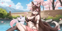 1girl animal animal_ears bare_shoulders bikini black_bikini blue_eyes breasts brown_hair cleavage closed_mouth day flower fox fox_ears fox_girl fox_tail hair_flower hair_ornament highres indie_virtual_youtuber medium_breasts multicolored_hair navel outdoors pr_ponnyan sarong shylyanna single_leg_pantyhose smile solo stomach streaked_hair string_bikini swimsuit tail virtual_youtuber water