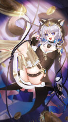 1girl absurdres animal_ears animal_hood armored_boots black_gloves black_leotard blue_eyes boots breasts cat_ears cat_girl cat_hood cat_tail cipher_(honkai:_star_rail) cleavage coin commentary_request fingerless_gloves gem gloves gold_boots gold_coin grey_hair highres holding holding_gem honkai:_star_rail honkai_(series) hood hooded_leotard large_breasts leotard looking_at_viewer mole mole_on_breast oekakidekinai1 open_mouth short_hair_with_long_locks solo spotlight tail thighs