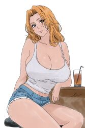 1girl artist_name bare_shoulders bleach blue_eyes breasts chair collarbone denim denim_shorts drink drinking_straw female_focus large_breasts lips long_hair matsumoto_rangiku orange_hair parted_bangs shiny_skin shorts simple_background sitting tank_top ten268 white_background