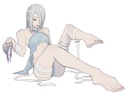 a.k.i._(street_fighter) ass bandage_over_one_eye bandaged_arm bandaged_head bandaged_leg bandaged_neck bandages barefoot bikini claw_(weapon) claw_ring feet hair_over_one_eye mekyo mole mole_under_mouth official_alternate_costume official_alternate_hairstyle sitting street_fighter street_fighter_6 swimsuit toes weapon