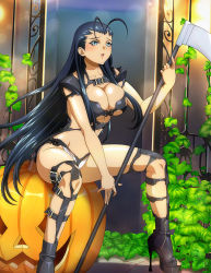 1girl antenna_hair black_hair blue_eyes boots breasts collarbone floating_hair full_body high_heel_boots high_heels holding holding_scythe holding_weapon ikkitousen kakouen_myousai official_art outdoors panties pumpkin scythe sitting tagme torn underwear weapon white_panties