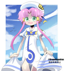 1girl aria_(manga) aria_company_uniform artist_name beret bird blue_bow blue_bowtie blue_sky bow bowtie clothes_lift cloud cowboy_shot curtained_hair deformed dragodragodran dress dress_lift green_eyes hair_tubes hat highres long_dress looking_at_viewer mizunashi_akari ocean open_mouth pink_hair short_hair_with_long_locks short_sleeves side_slit sidelocks sky solo standing twitter_username white_dress white_hat