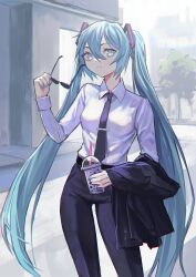 Rule 34 | 1girl, alternate costume, belt, black-framed eyewear, black belt, black jacket, black necktie, black pants, blue eyes, blue hair, blue nails, breasts, bubble tea, building, chromatic aberration, city, closed mouth, collared shirt, commentary, contrapposto, cup, day, disposable cup, dot nose, double-parted bangs, dress shirt, drinking straw, english commentary, expressionless, feet out of frame, floating headgear, hair between eyes, hair ornament, hand up, hatsune miku, headgear, highres, holding, holding cup, holding removed eyewear, jacket, long eyelashes, long hair, long sleeves, looking at viewer, medium breasts, necktie, office lady, outdoors, pants, pavement, raised eyebrows, road, shirt, shirt tucked in, sidelocks, sidewalk, solo, standing, street, suit jacket, sunglasses, sunlight, thick eyelashes, tie clip, twintails, unworn eyewear, unworn jacket, vertigris, very long hair, vocaloid, white shirt, wing collar