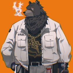 1boy animal_ears bara bear_boy bear_ears ben_bigger black_tank_top brown_fur chain chain_necklace cigarette commentary english_commentary furry furry_male hand_in_pocket highres holding holding_cigarette jacket jewelry looking_at_viewer male_focus necklace orange_background pants plump scar scar_across_eye scar_on_face smoke smoking swip tank_top white_jacket white_pants zenless_zone_zero