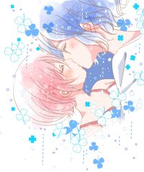1boy 1girl amate_yuzuriha blue_hair blush closed_eyes clover commentary four-leaf_clover gundam gundam_gquuuuuux hetero highres kiss miz_iros red_hair short_hair shuji_ito