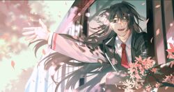 1boy black_eyes black_hair black_vest blue_eyes bus collared_shirt floating_hair heterochromia highres hong_lu_(project_moon) lapels leaning_forward leaning_on_object limbus_company long_hair looking_at_viewer motor_vehicle mugglesix necktie notched_lapels open_hand open_mouth pink_petals project_moon red_necktie shirt smile solo sunlight teeth through_window tongue tree twitter_username upper_body upper_teeth_only vest waving white_shirt window
