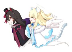 Rule 34 | 2girls, animal ears, bat wings, black dress, black hair, black hat, blonde hair, blush stickers, cat ears, cat girl, cat tail, closed eyes, dress, emil chronicle online, from side, ghost girl, ghost tail, halo, hat, highres, jewelry, light smile, long hair, multiple girls, nekomata kuro, nekomata shiro, open mouth, pendant, purple wings, red eyes, tail, two-tone dress, two side up, white background, white dress, white wings, wings, yukuri