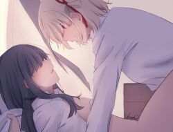 2girls between_legs black_hair blush bottomless breasts collared_shirt curtains hair_ribbon highres indoors inoue_takina kage_ochi long_hair lycoris_recoil multiple_girls nishikigi_chisato one_side_up open_clothes open_shirt parted_lips red_eyes red_ribbon ribbon shirt short_hair sweat white_shirt yuri
