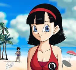 1boy 1girl abs beach biceps black_eyes black_hair blue_eyes breasts cleavage cloud cloudy_sky couple dragon_ball dragon_ball_super dragon_ball_super_super_hero happy husband_and_wife looking_at_viewer muscular muscular_male ocean pectorals sand sky smile son_gohan swimsuit videl