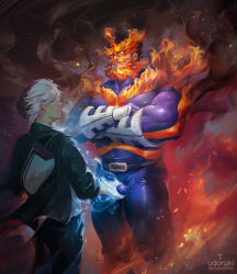 2boys bara beard blue_eyes bodysuit boku_no_hero_academia bulge covered_abs covered_erect_nipples crossed_arms endeavor_(boku_no_hero_academia) facial_hair father_and_son feet_out_of_frame fire highres ice incest luerstine male_focus manly multicolored_hair multiple_boys muscular mustache pectorals penis_grab red_hair short_hair skin_tight spiked_hair todoroki_shouto two-tone_hair white_hair