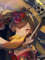 1girl arm_up black_gloves brown_hair chiori_(genshin_impact) drill_hair drill_ponytail earrings eyeshadow genshin_impact gloves hair_ornament hair_stick highres holding holding_sword holding_weapon japanese_clothes jewelry kimono looking_at_viewer makeup red_eyes red_eyeshadow red_sash sash solo swept_bangs sword una_kamra upper_body weapon yellow_kimono