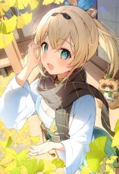 1girl :d absurdres black_scarf blonde_hair blue_eyes blush chest_sarashi day from_above ginkgo_leaf hair_between_eyes hana_mori highres hololive jacket kazama_iroha leaf long_hair long_sleeves looking_at_viewer open_clothes open_jacket open_mouth pokobee ponytail sarashi scan scarf smile solo standing veranda virtual_youtuber