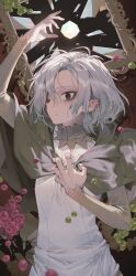 Rule 34 | 1boy, absurdres, bags under eyes, black eyes, broken, broken glass, cloak, clutching chest, crack, cracked glass, dungeon meshi, elf, food, fruit, gem, glass, glass shards, gorget, grapes, green cloak, green shirt, grey hair, hand up, highres, hood, hooded cloak, long sleeves, looking at viewer, male focus, maratang, mithrun, notched ear, one eye closed, picture frame, pointy ears, shards, shattered, shirt, short hair, solo, tunic, upper body, wavy hair