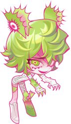 Rule 34 | 1other, androgynous, asymmetrical legwear, bloodshot eyes, boots, chibi, colored lineart, colored skin, crazy smile, crescent mouth, cross-laced clothes, detached sleeves, eyelashes, fewer digits, flipchers, flipped hair, full body, furrowed brow, gender request, gradient boots, green boots, green eyes, green hair, green skin, hair between eyes, highres, leaning forward, legs apart, leotard, lower eyelashes only, material growth, mismatched eyebrows, mismatched legwear, multicolored skin, open mouth, original, other focus, outline, outstretched arms, pale skin, pink outline, plant, plant growth, plant person, short hair, simple background, single detached sleeve, smile, solo, standing, stitched face, stitches, tachi-e, transparent background, venus flytrap, wavy eyes, white boots, white leotard, white sleeves, zombie pose